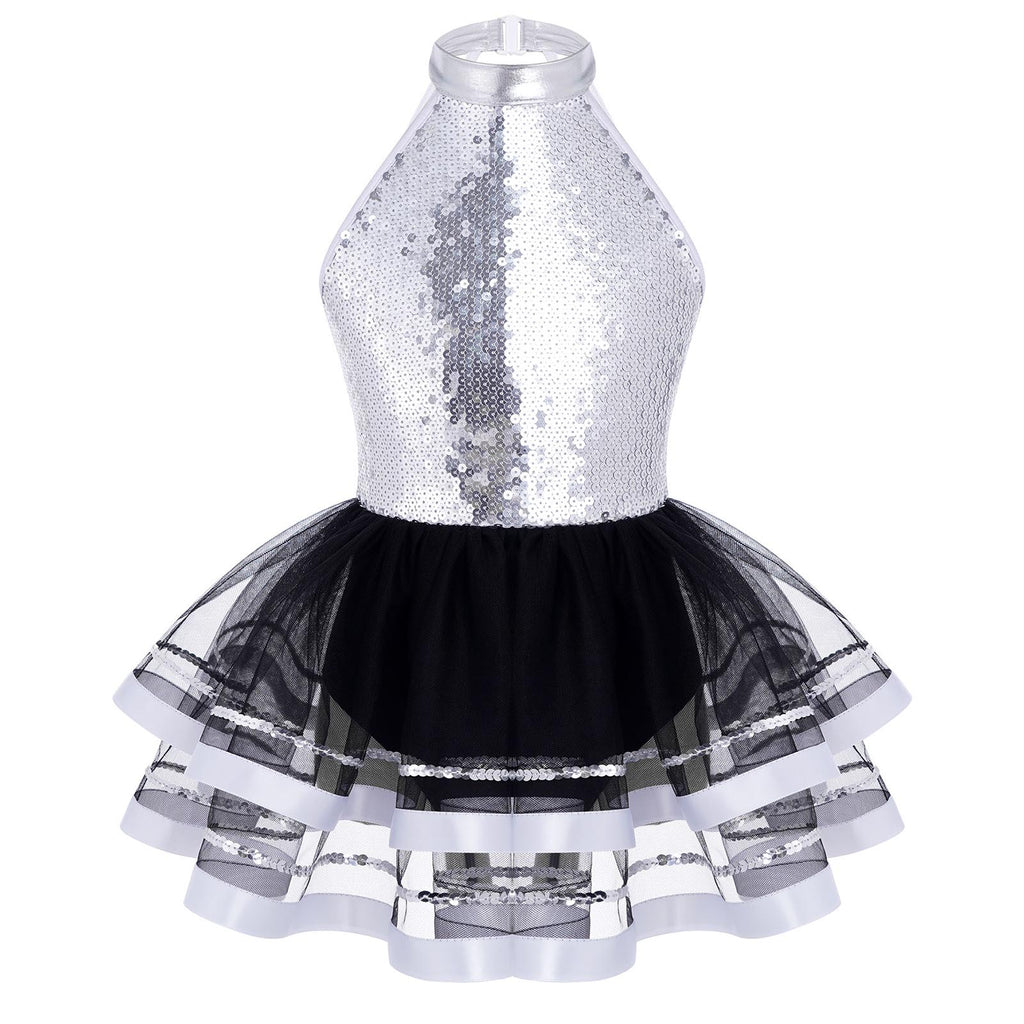 Jazz Dance Costume Kids Halter Shiny Sequins Gymnastics Unitards Dress Girls Ballet Leotard Tutu Stage Performance Clothing