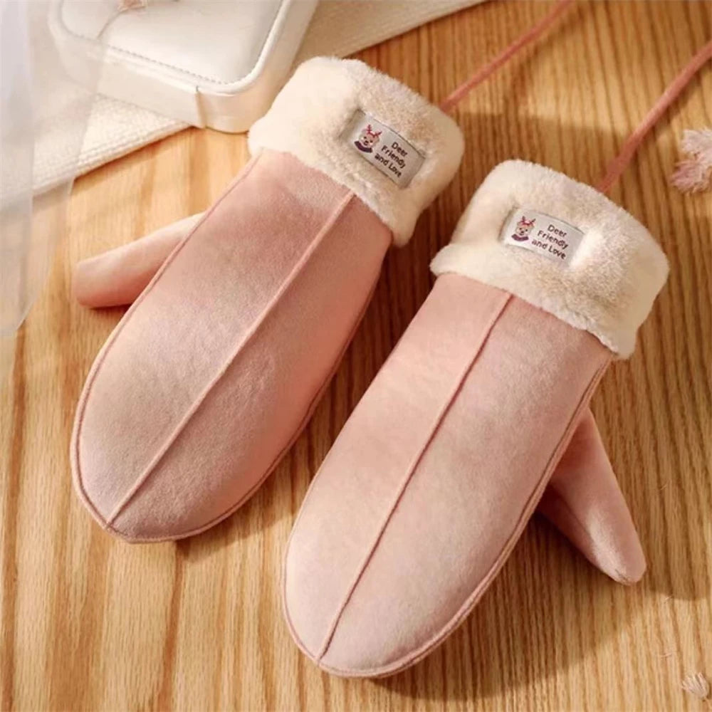 Women's Suede Plush Hanging Neck Gloves Winter Warm Windproof Gloves Outdoor Skiing Cold-Proof Student Mittens Christmas Gift