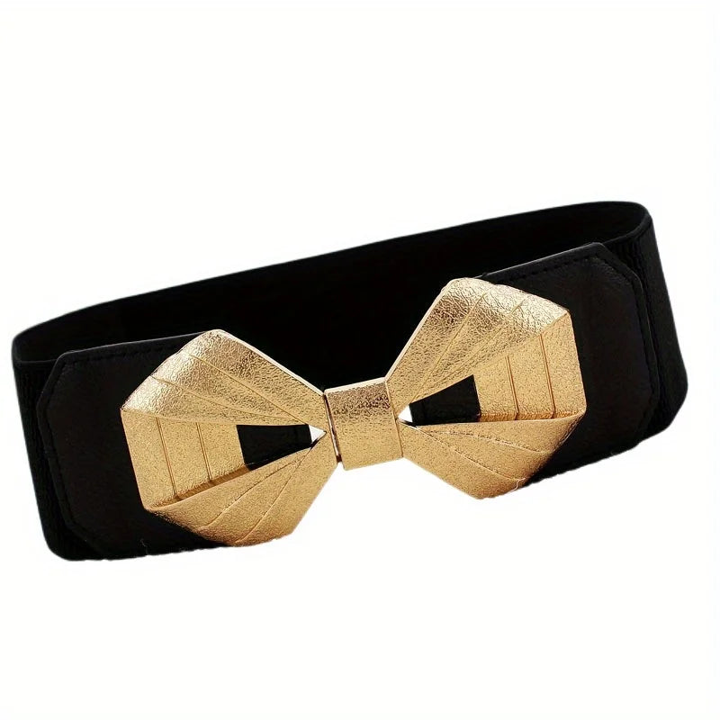 Vintage Buckle Wide Elastic Belt Black Waistband Solid Color Decorative Belts Dress Girdle For Women