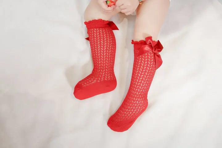 Simmer Spring Mesh Thin Cotton Korean Bow White Stockings Baby Princess Knee High Long Socks with Lace Ruffles for Newborn Girls