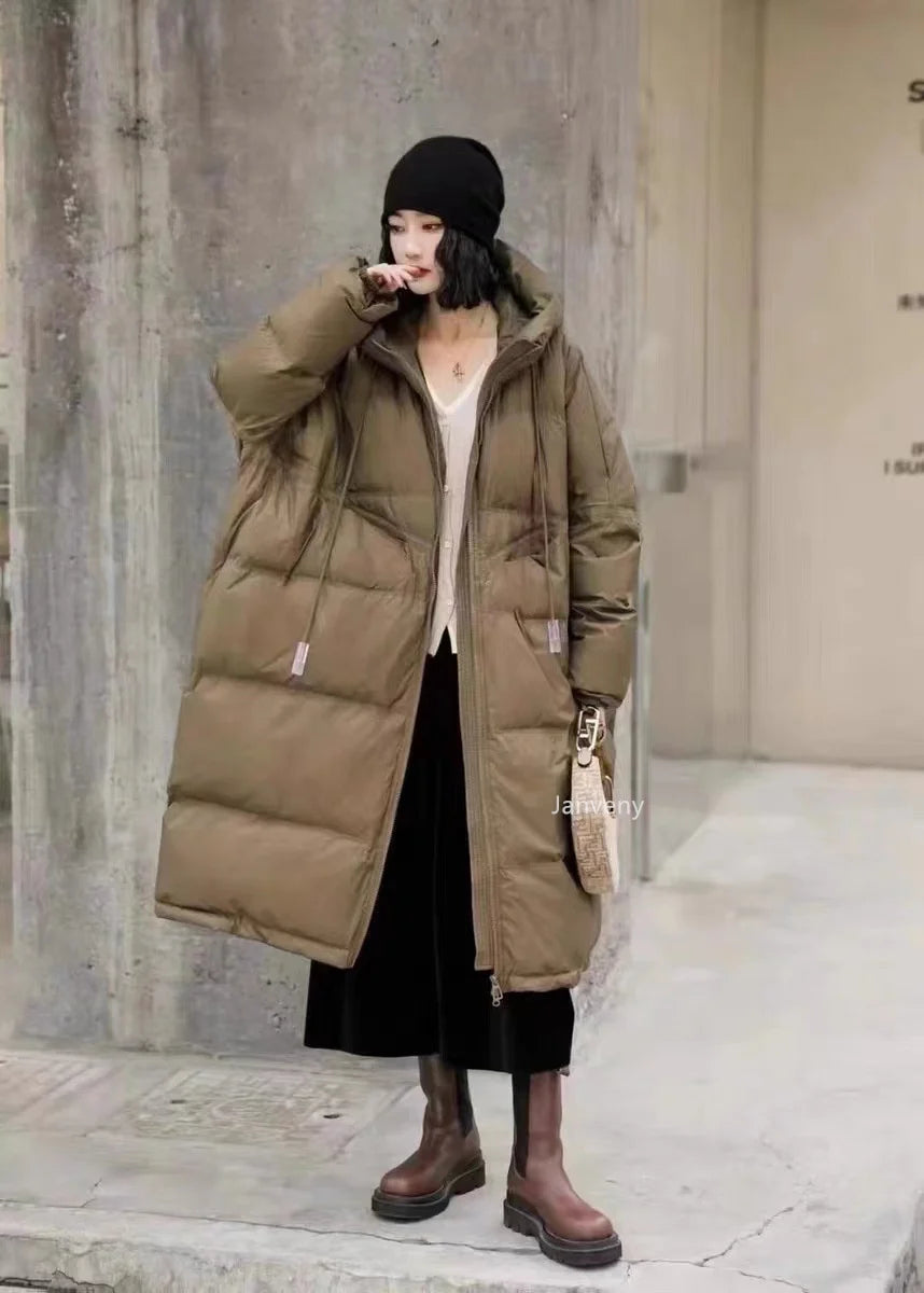 Janveny Women 90% White Duck Down Jacket With Hooded Loose Oversize Long Puffer Coat Autumn Winter Warm Outwear Female Parkas