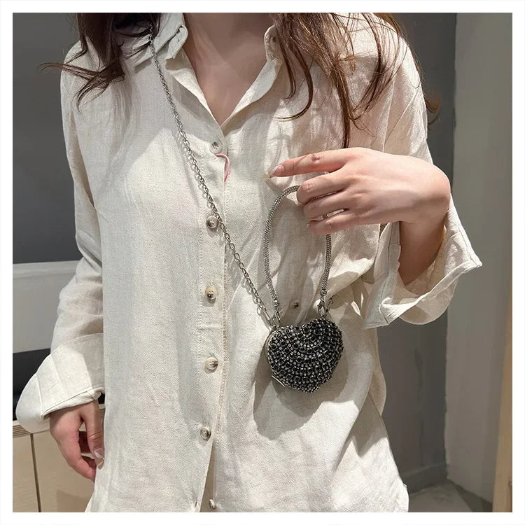 Luxury Mini Diamond Inlay Heart Shape Crystal Clutch Purse Stones Evening Wedding Party Shoulder Bag Handle Rhinestone Handbags