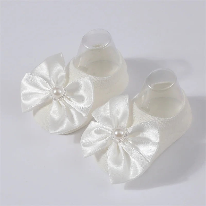 Baby Pearl Bow Solid Color Floor Socks Newborn Infant Knitted Breathable Socks Sweet Cute Girls Princess Children Birthday Gifts
