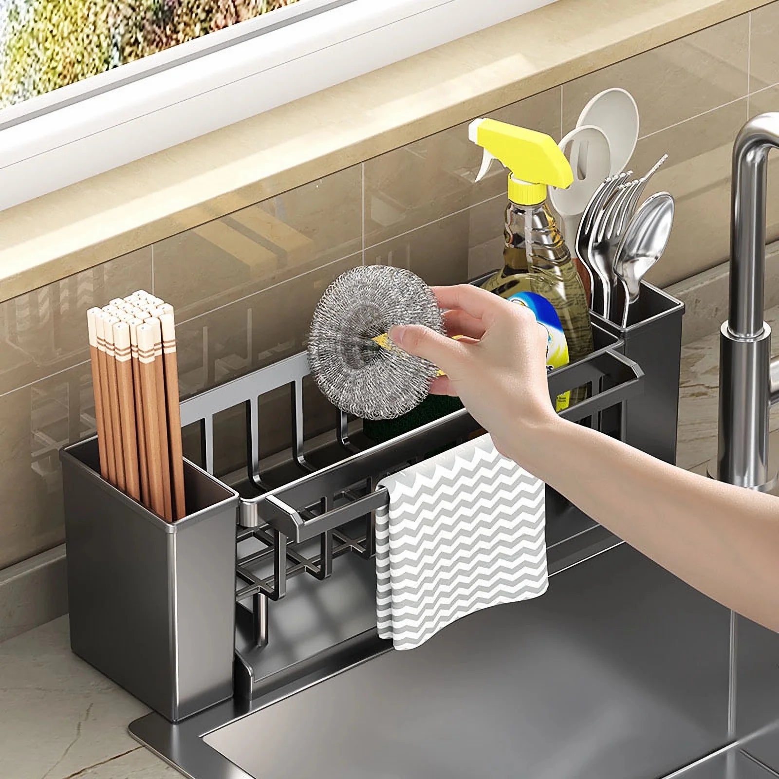 Kitchen Sink Organiser,Kitchen Sink Sponge Holder With Brush Holder,Rag Drain Rack,  Bathroom Organizer, Sink Faucet Sink Ra