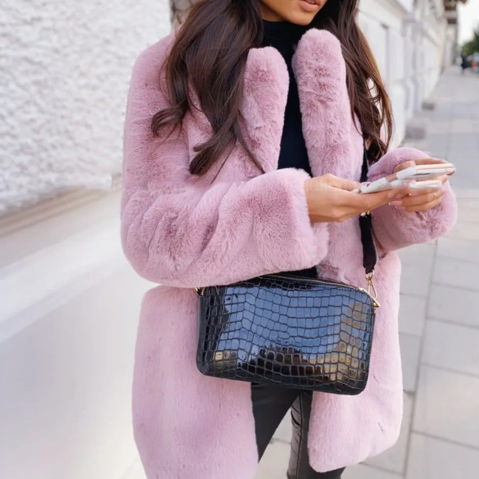 New Warm Faux Fur Coat Women Coats Thick Women Medium-Long Overcoat Turn Down Collar Winter Women Warm Jackets Casaco Jacket