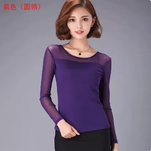 Autumn Winter Black White Bottoming Shirt Round Neck Solid Mesh T Shirt Korean Fashion Women Tops