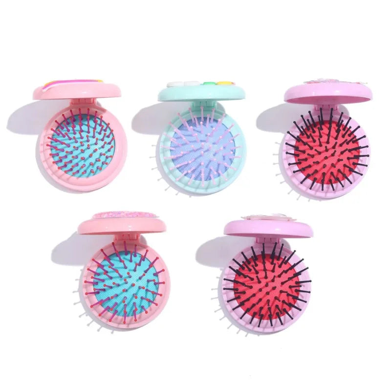 Cute Rainbow Cartoon Air Bag Comb Women Mini Portable Folding Hair Brush with Mirror Head Massager Cushion Pocket Styling Tools