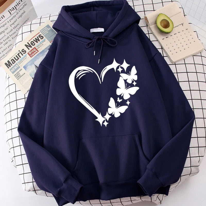 Combination of Love and Butterfly Pattern Long Sleeve Hoodies Women's Trendy Pocket Sweatshirt  Vintage Y2k Hooded Clothing
