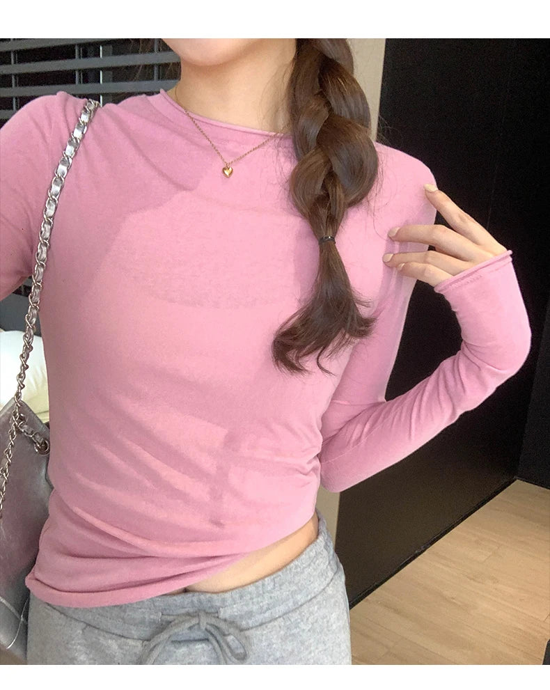 2025 Spring Autumn T shirt Women Tops Solid Slim Fit Long Sleeve O Neck Tshirts Female Casual Streetwear High Quality Base Tees