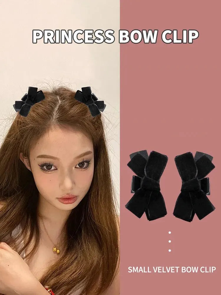 2pcs Black Bow Small Grab Clip Women's Autumn And Winter Vintage Velvet Bangle Clip Hair Clip Style Princess Hair Clip Headwear