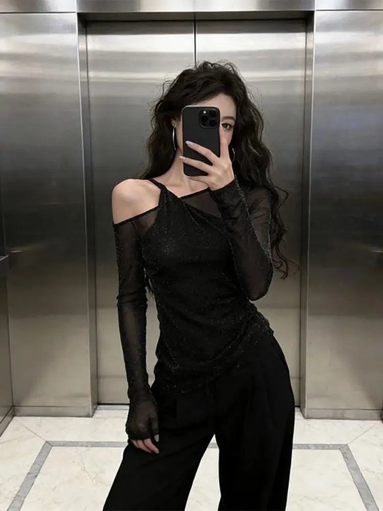 Fake Two-Piece Bling Sequin Tops Layered Tees Women Long Sleeve Off Shoulder T-Shirt Ladies Sexy Mesh Top Basic