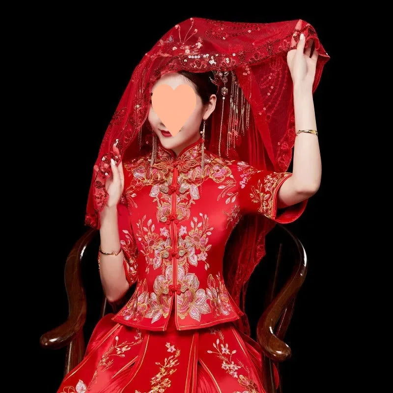 Bridal Headpiece Flower Main Dress Chinese Style Wedding Xiuhe Red Head Cover Semi-transparent Veil  Hijab Accessories  Retro