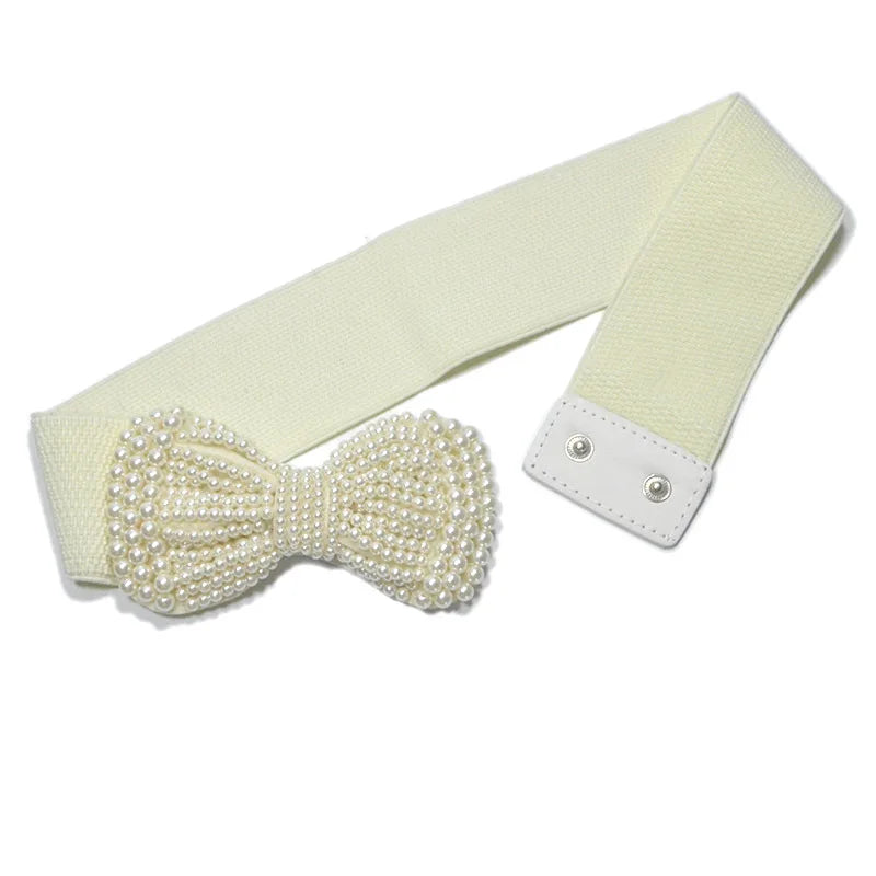 2024 Women's Elastic Wide Belt Pearl Waist Cover Versatile Dress Decoration High Quality Wide Pearl Bow Brown Belt
