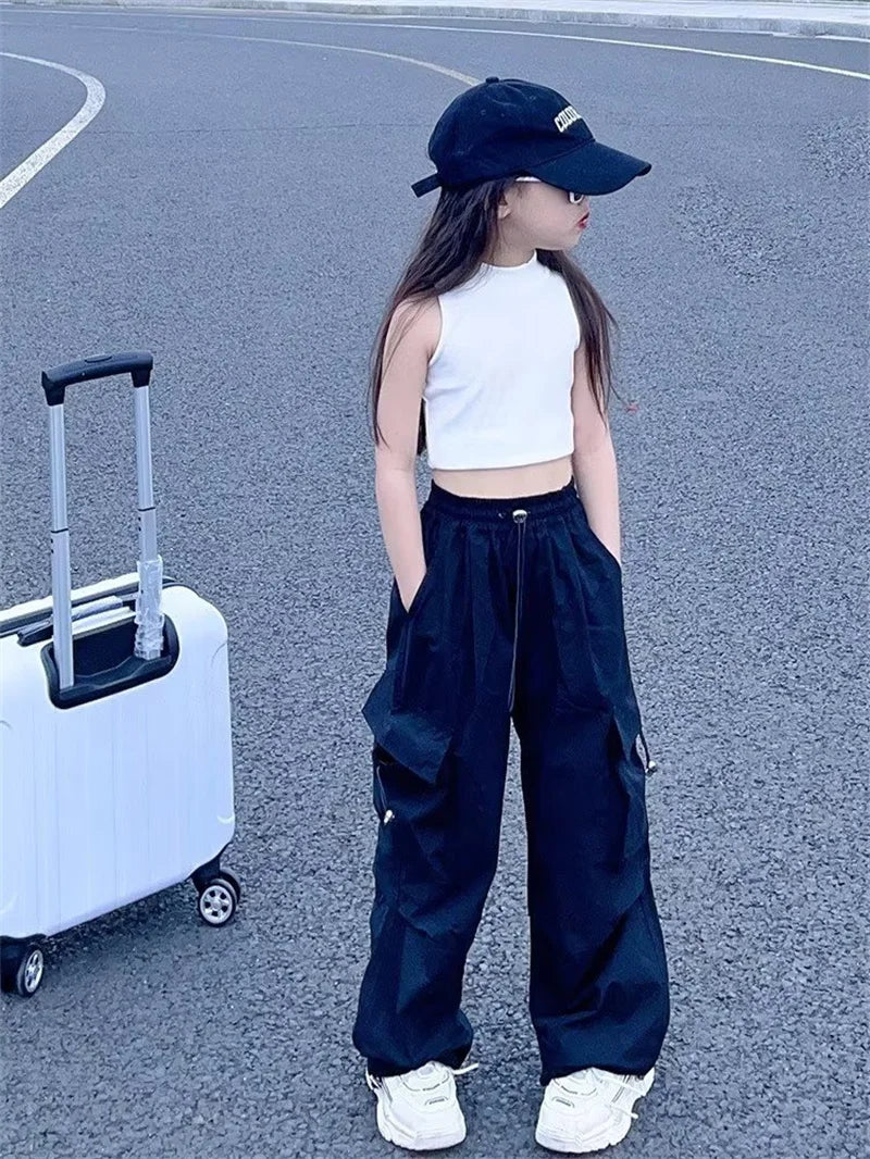 Girls Sports Cargo Pants Kids Fashion Straight Baggy Trousers Children Streetwear Sweatpants Teenager Vintage Casual Pants