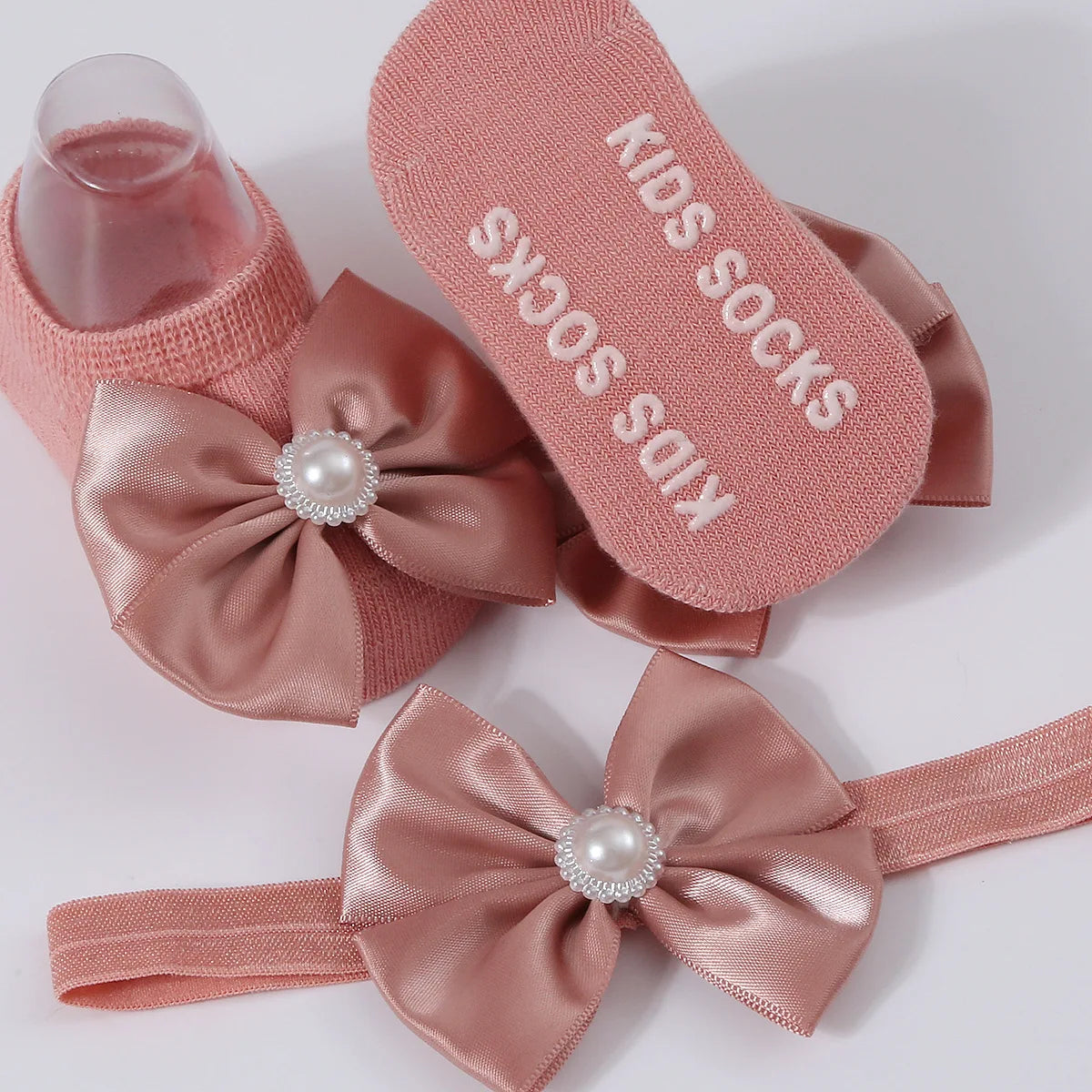 1Set New Baby Pearl Bowknot Headbands Socks Newborn Toddler Soft Prewalker Sock Girl Infant Cute Knitted Cotton Hairband Socks
