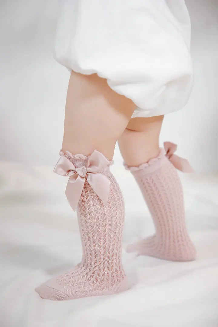 Simmer Spring Mesh Thin Cotton Korean Bow White Stockings Baby Princess Knee High Long Socks with Lace Ruffles for Newborn Girls