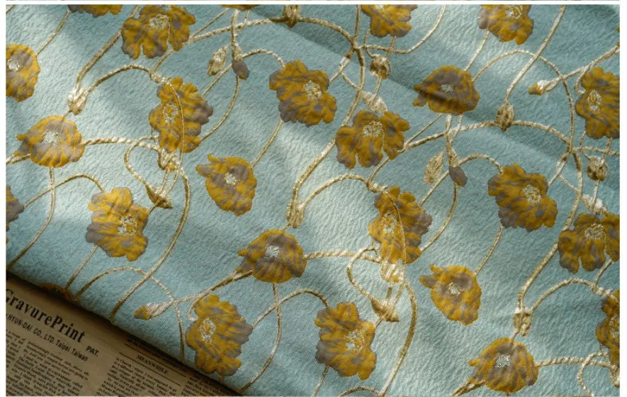 Lake Green Gold Silk Embossed Yarn Dyed Jacquard Fabric Spring Autumn Tutu Skirt Palace Style Dress Making Fabric 50cmx140cm