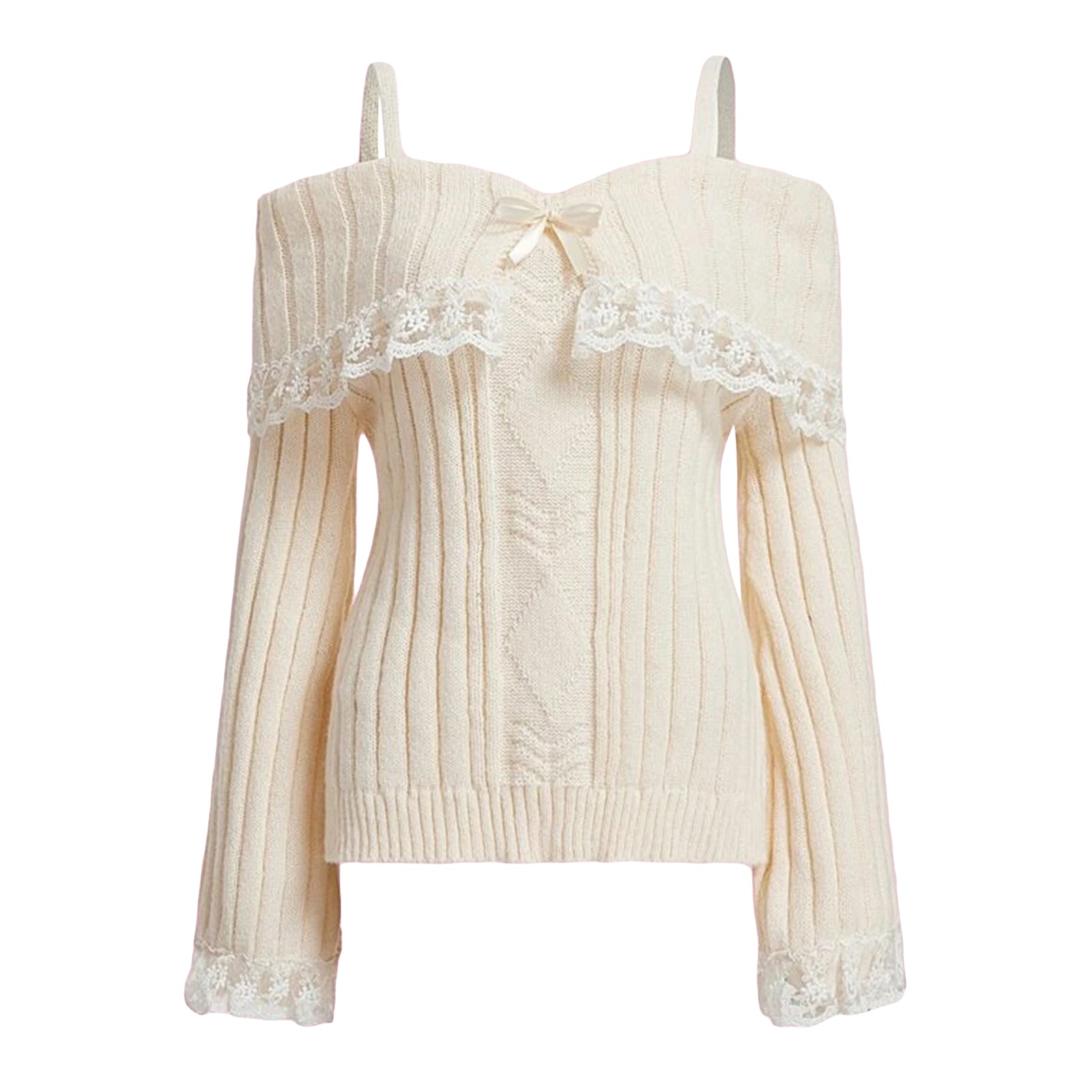 Grunge Women Off Shoulder Knit Sweater Pink Pullover Sweet Pullovers  Long Sleeve Bow Lace Patchwork Jumpers Y2k Streetwear