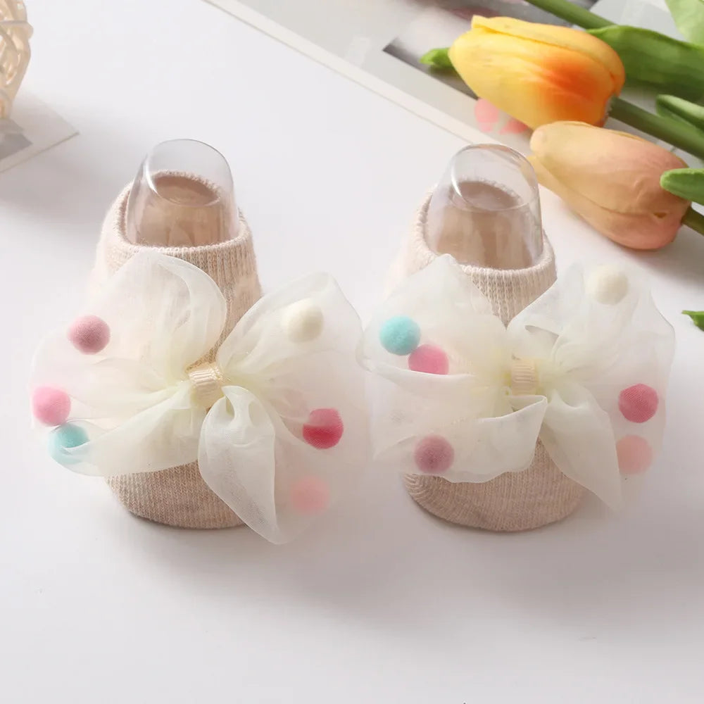 Baby Girl Home Short Socks Lace Bow Infant Anti Slip Trampoline Socks Newborn Princess Ankle Socks Children Floor Shoes