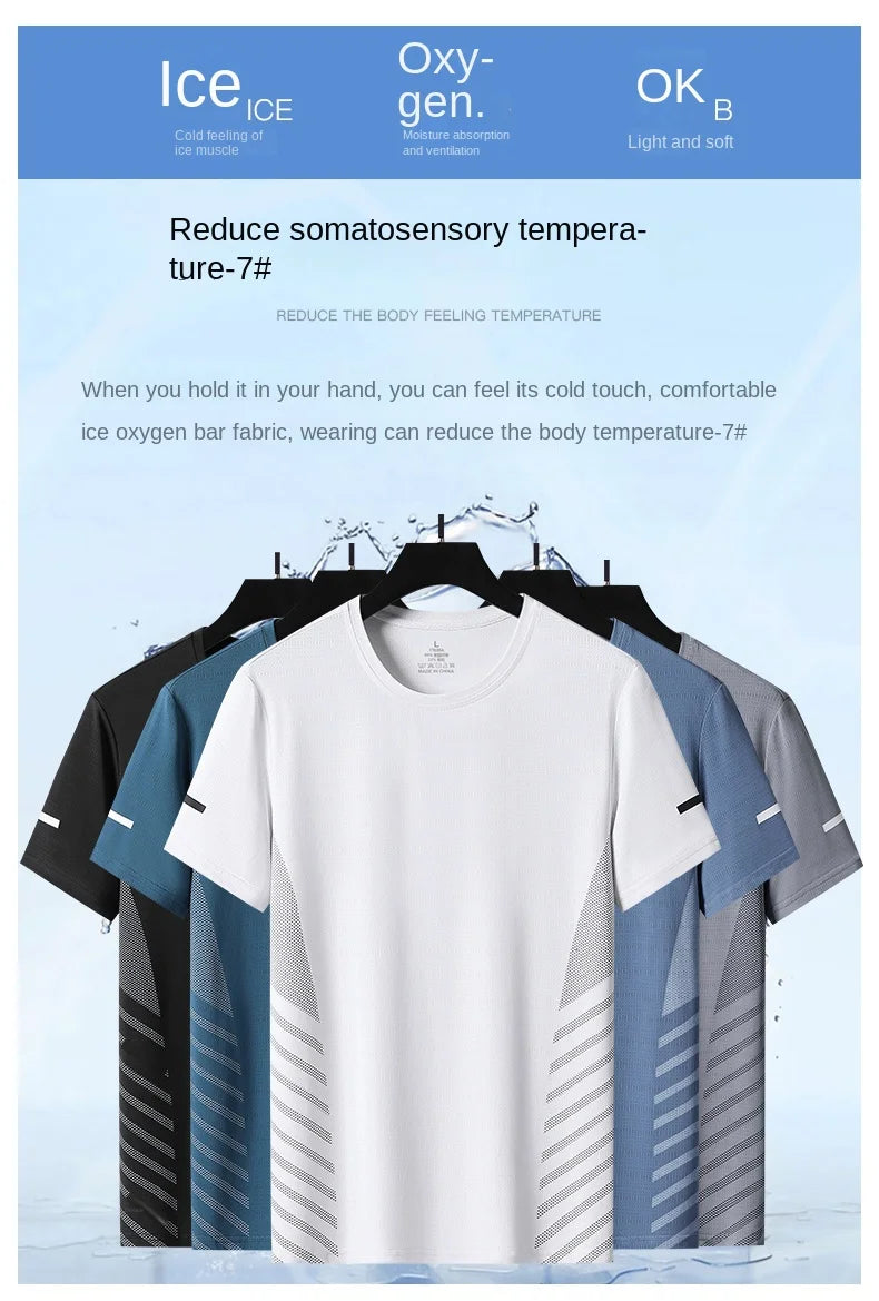 Running T-shirt Men Summer Ice Silk Thin Top Reflective Printing Quick Dry Short Sleeve Breathable Fitness Sports T-shirt 5XL