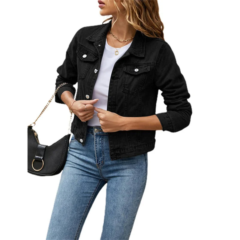 2023 Women's Short Denim Jackets Fashion Female Casual Long Sleeve Lapel Solid Button Pocket Slim Jean Jacket Fall Winter Coat