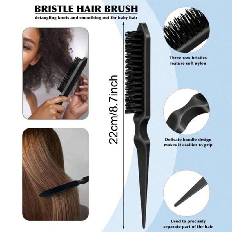 Boar Bristle Slick Back Hair Brush for Sleek Ponytail Bun & Smoothing Baby Hairs, Flyaways, Edge Control - Backcombing & Teasing