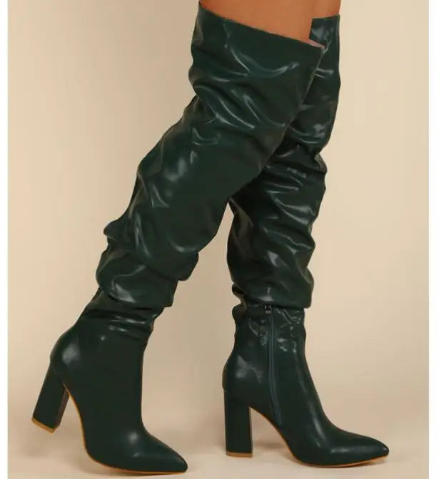 Sexy High Quality Pleated cowhide Leather Motorcycle Over The Knee Boots Women Fashion Pointed Toe Thigh High Lady Shoes Large