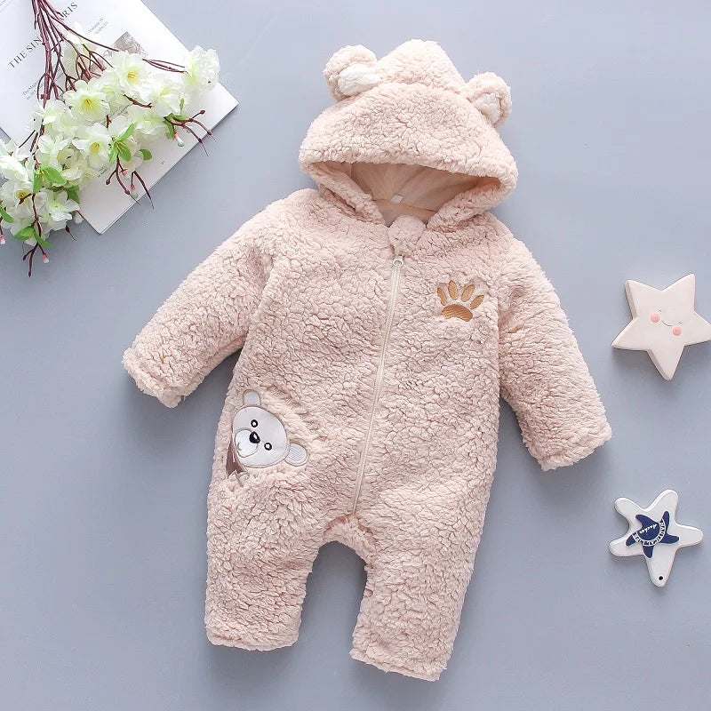 Lamb hair cartoon bear embroidered baby jumpsuit winter new girl baby long sleeved crawling suit thickened girl