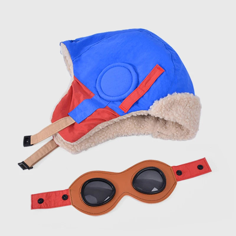 Winter Children Cute Pilot Glasses Lei Feng Hat Boys And Girls Thick Plush Warm Ear Protection Hats