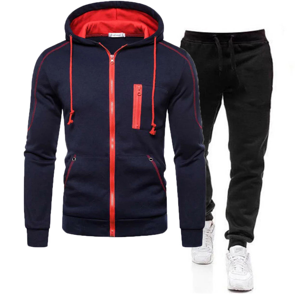 Men tracksuit zipper hood multi-pocket and protective pants casual jogging tracksuit fall/winter 2-piece setLarge size S-3XL