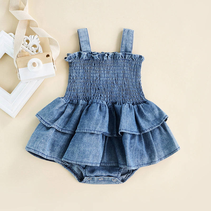 Baby Summer Clothes Girl Denim Romper Sleeveless Suspender Pleated Design Ruffle Hem Bottom Snap Button Cute Jumpsuit