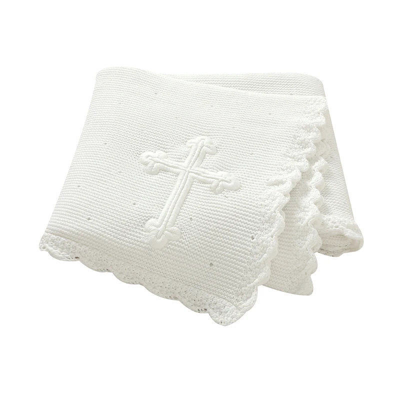 Baby Christening Blankets 100*80cm Cotton Soft Knit with Stitching Cross Newborn Boys Girls Swaddle Nursery Blanket Baptism Gift