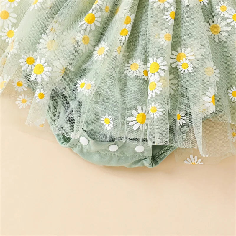 Baby Girls Romper Set Spaghetti Straps Pleated Flower Print Tulle Patchwork A-line Dress with Bowknot Headband