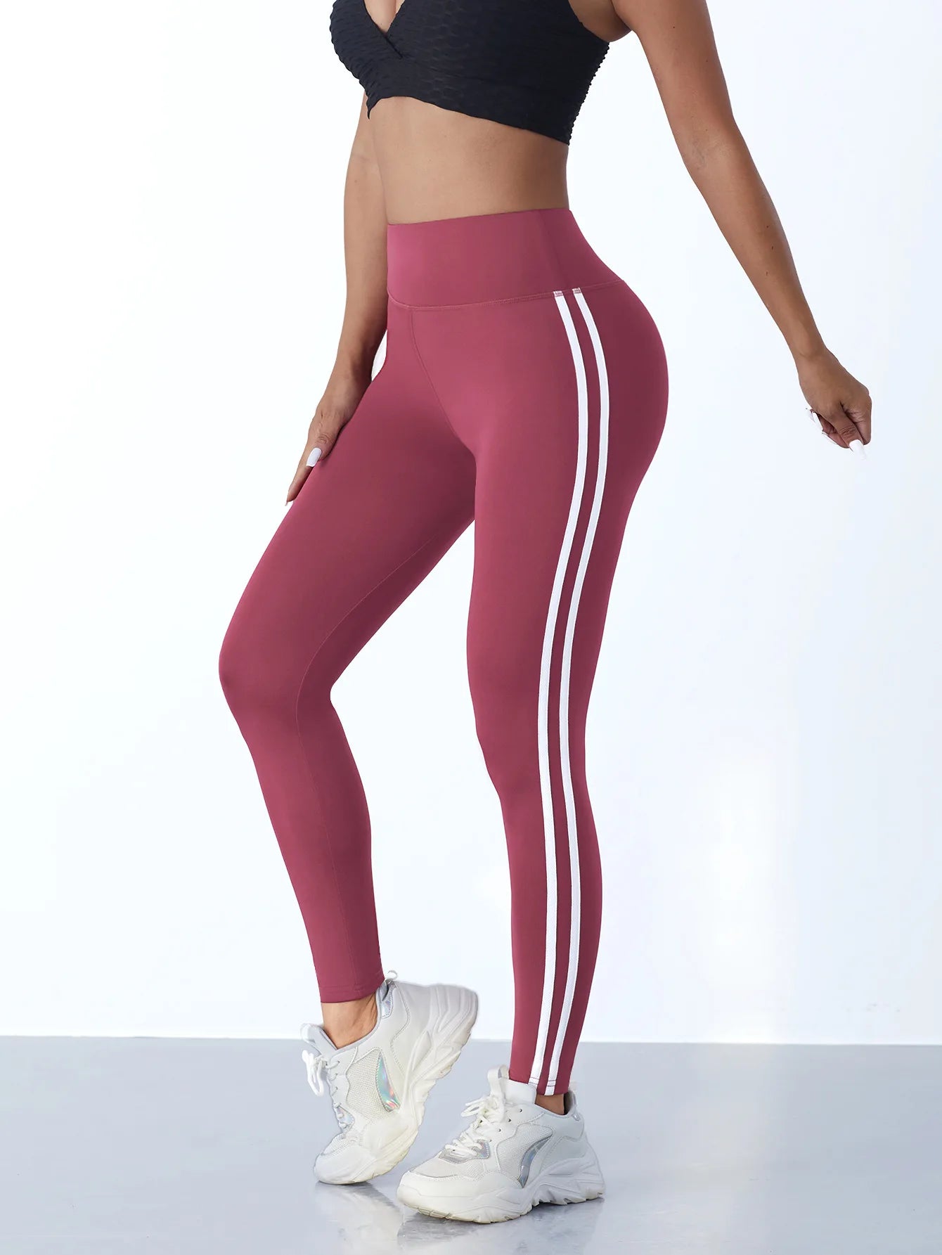 Simple Yoga Leggings With Side Stripes For Women Tummy Control Slim Sports Casual Tights Gym Leggings