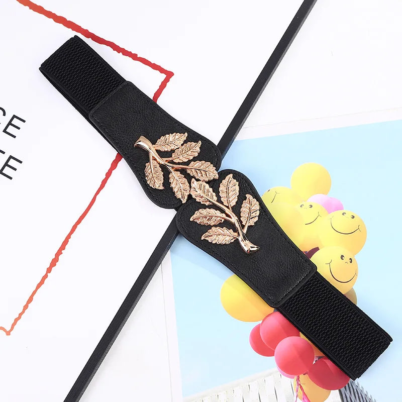 Women's Waist Cover Fashionable Gold Leaf Elastic Waist Closure With Double Hook Buckle Wide Belt Paired With Skirt Women Belt