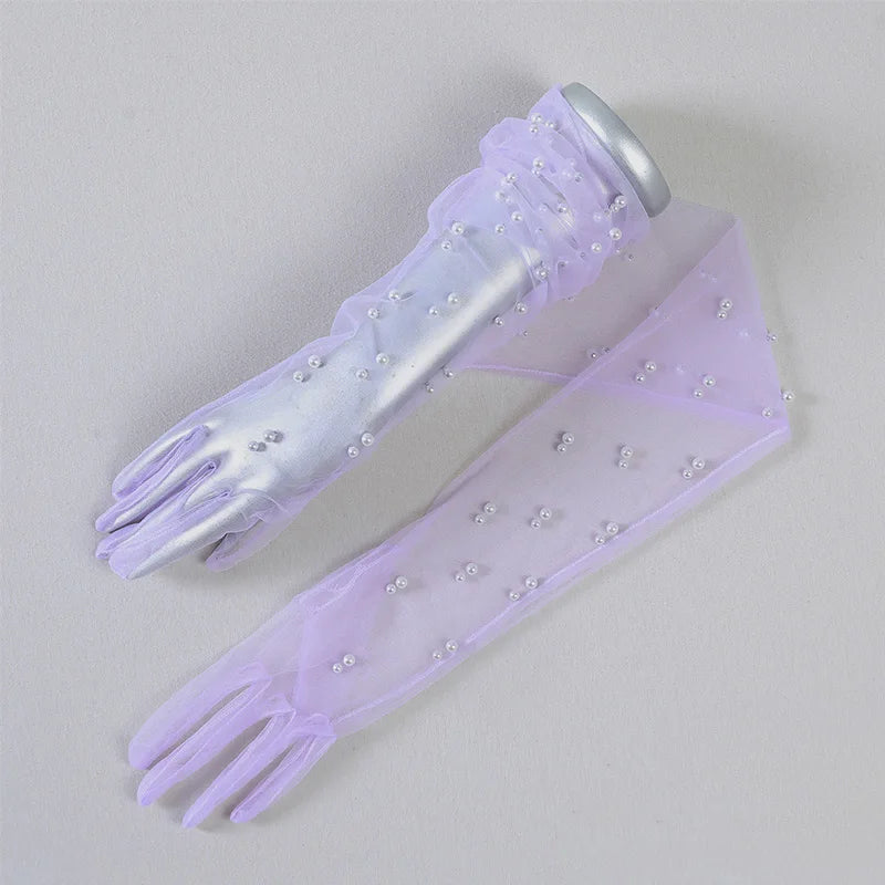 55 cm Transparent Wedding Gloves Pearls Long Elbow Mittens Mesh Arm Covers Women Party Bridal Dress Accessories Photo Props
