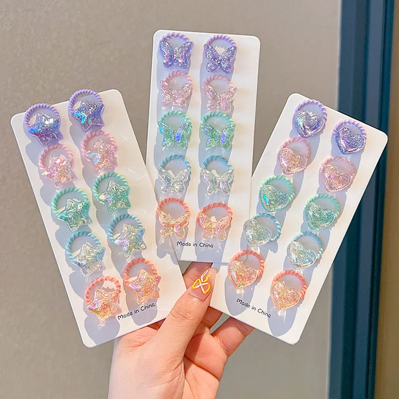 10PCS/Set Shiny Butterfly Baby Girl Hair Ropes Cute Heart Star Elastic Rubber Bands Ponytail Headflower Princess Kids Headwear