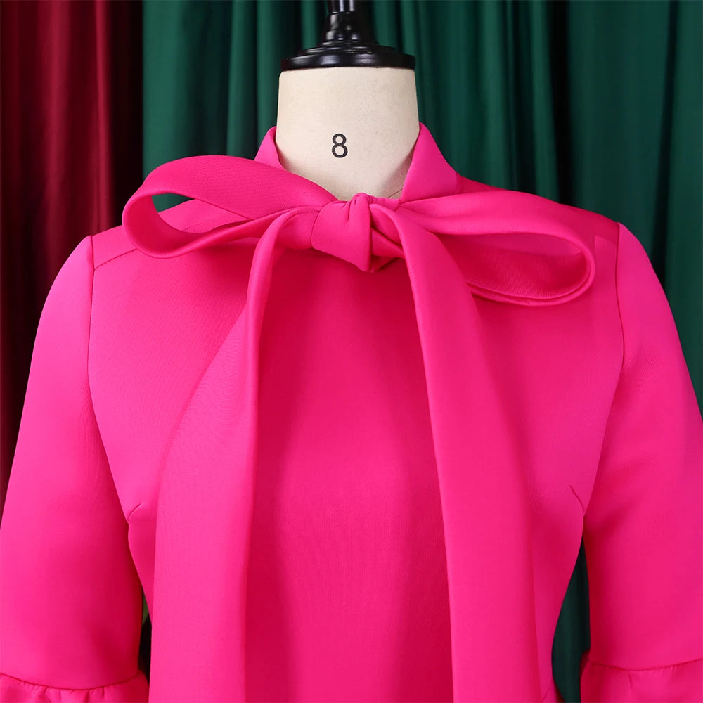 Elegant Dresses for Women Bow Collar Full Sleeve High Waisted A Line Mid Calf Luxury Female Birthday Party Dinner Vestidos Mujer