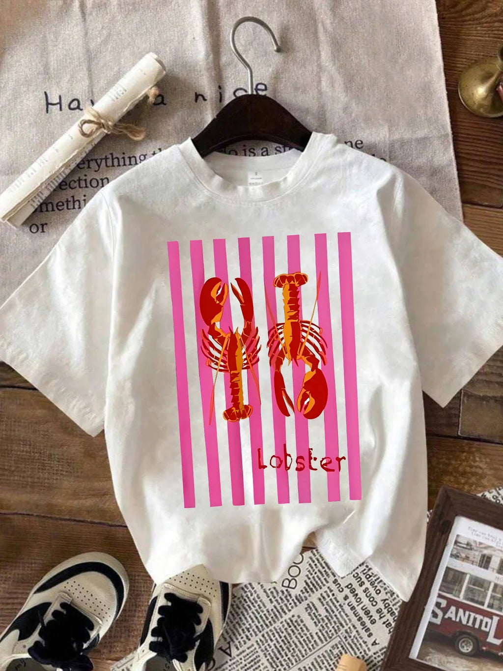 American Summer Marine Lobster Ins Printed Women Casual T-shirt Short Fashionable Y2k Personality Round Neck Comfortable T-shirt