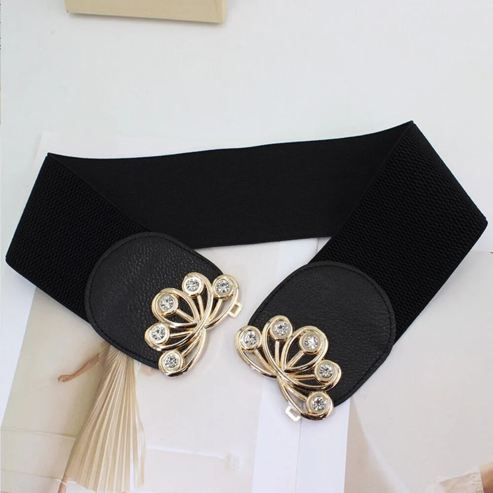 Big Size Black Stretch Corset Waistband Belt Cummerbands Rhinestone Metal Buckle