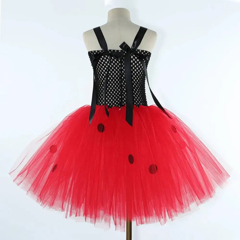 Black Red Lady Beetle Costumes for Baby Girls Ladybird Tutu Dress with Wings Kids Halloween Outfit Children Birthday Clothes