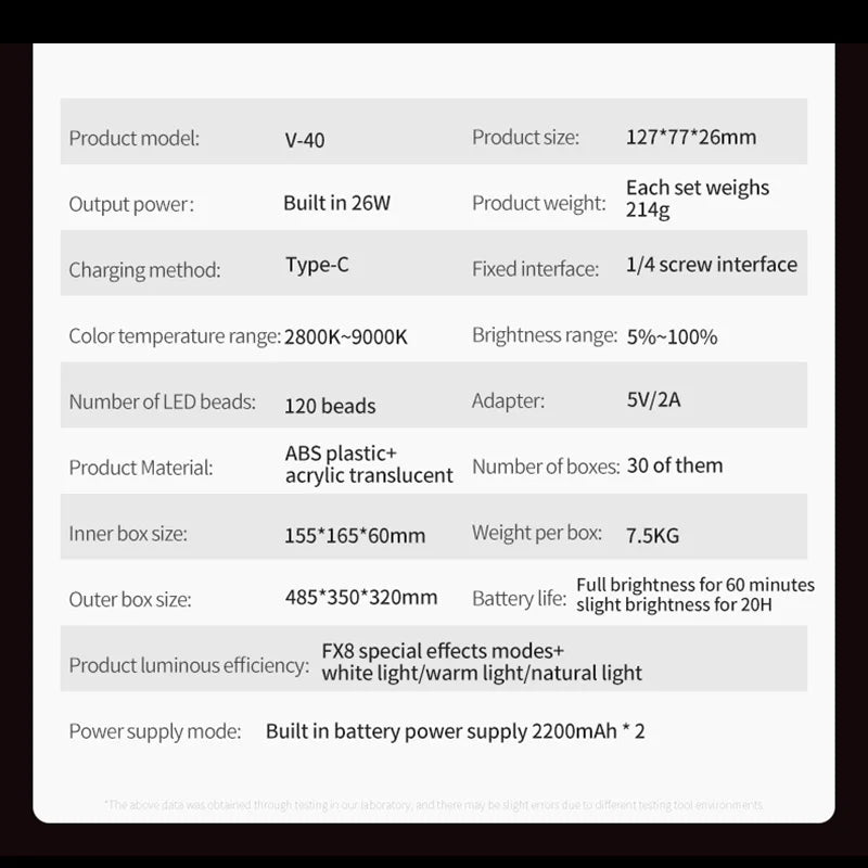 New 40W LED Camera Light 2500K-9000K Bi-Color 4400mAh Video Lamp Handle Portable Light Photography Light With CCT On Camera
