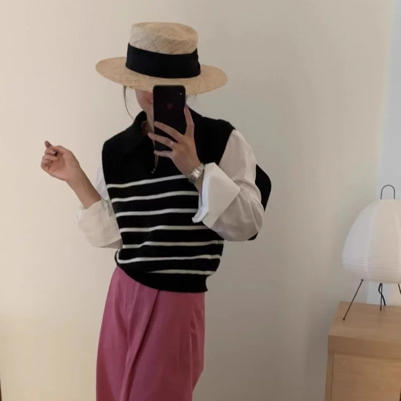 Retro lapel zipper stripe knitted waistcoat women Autumn Winter Korean fashion sleeveless sweaters casual simple pullover vest