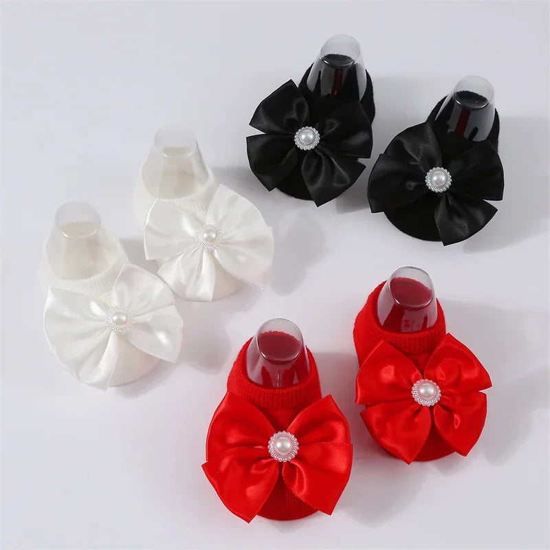 Baby Pearl Bow Solid Color Floor Socks Newborn Infant Knitted Breathable Socks Sweet Cute Girls Princess Children Birthday Gifts