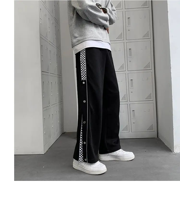 Split Reflective Stripe Casual Pants Unisex Trendy Patchwork Button Pants Spring Summer Straight Loose Sports Pants