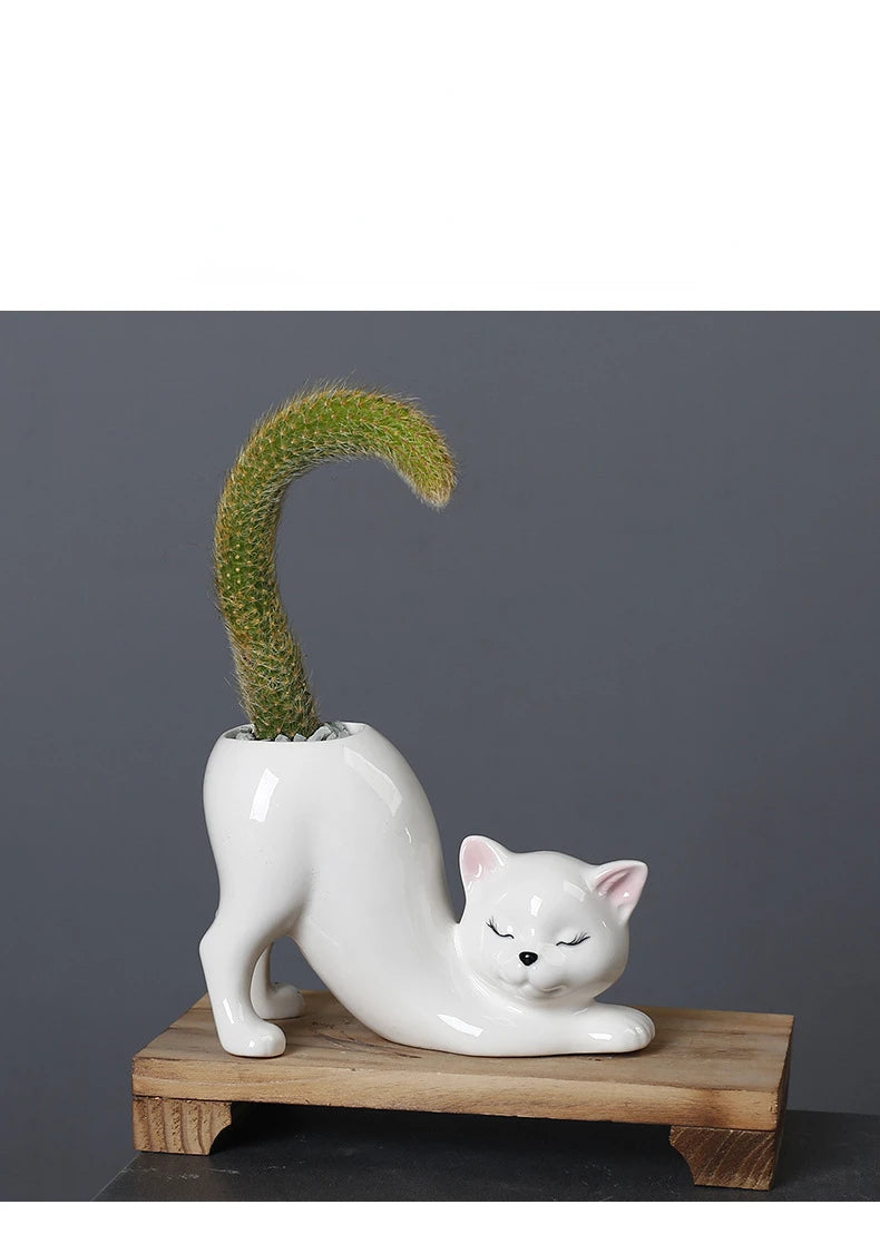 Cartoon Cat Flower Pot Vase Cute Cat Tail Succulent Planting Pot Porcelain Flower Vase Flowerpot Home Decoration Accessories