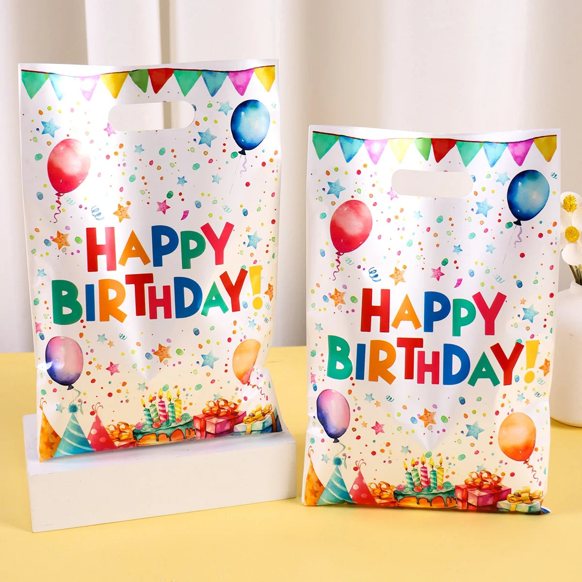 10/20/50pcs Happy Birthday Gift Bags Colorful Party Favor Bags Plastic Tote Bags for Kids Adults Happy Birthday Party Decoration