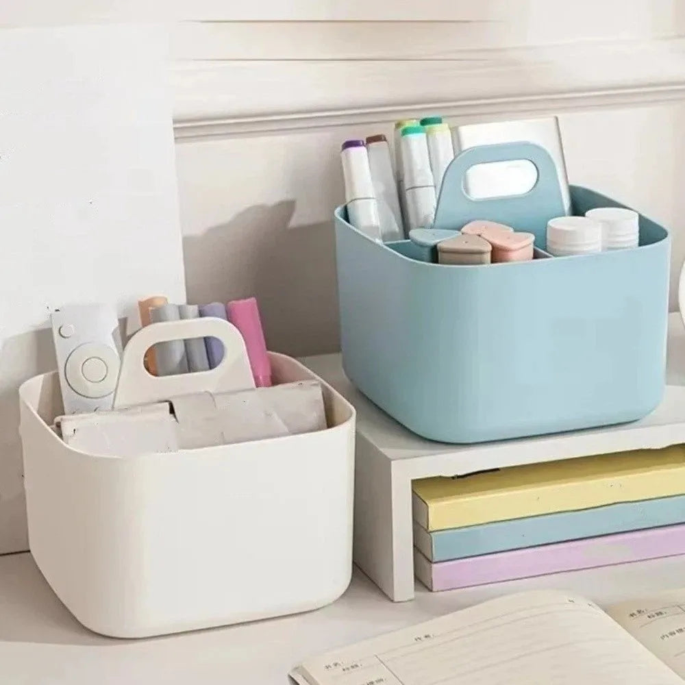 Plastic Cosmetic Organiser Multi-compartment Divider Sorting Split Pen Organiser with Handle Desk Storage Basket Bathroom
