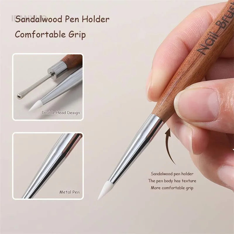 Double Head Nail Art Brush Silicone Spatula Brush Carving Flower Painting Pen Stainless Steel UV Glue Mixed DIY Manicure Tools