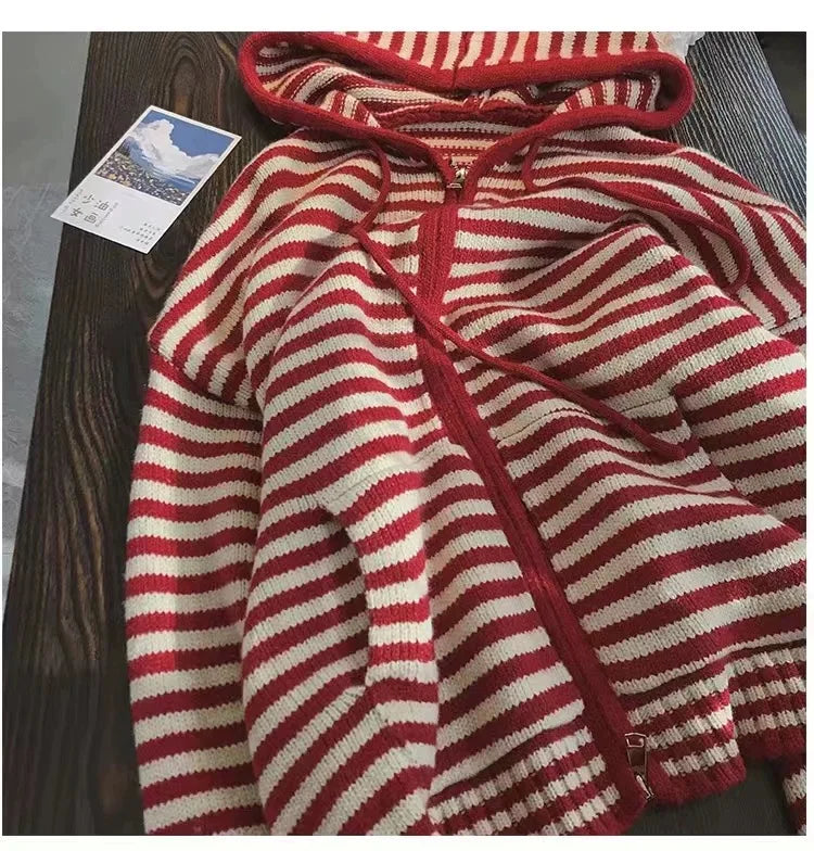 Oversized Knitted Striped Hooded Cardigan Women Autumn Winter Loose Casual Zipper Sweaters Versatile Knitting Outerwear